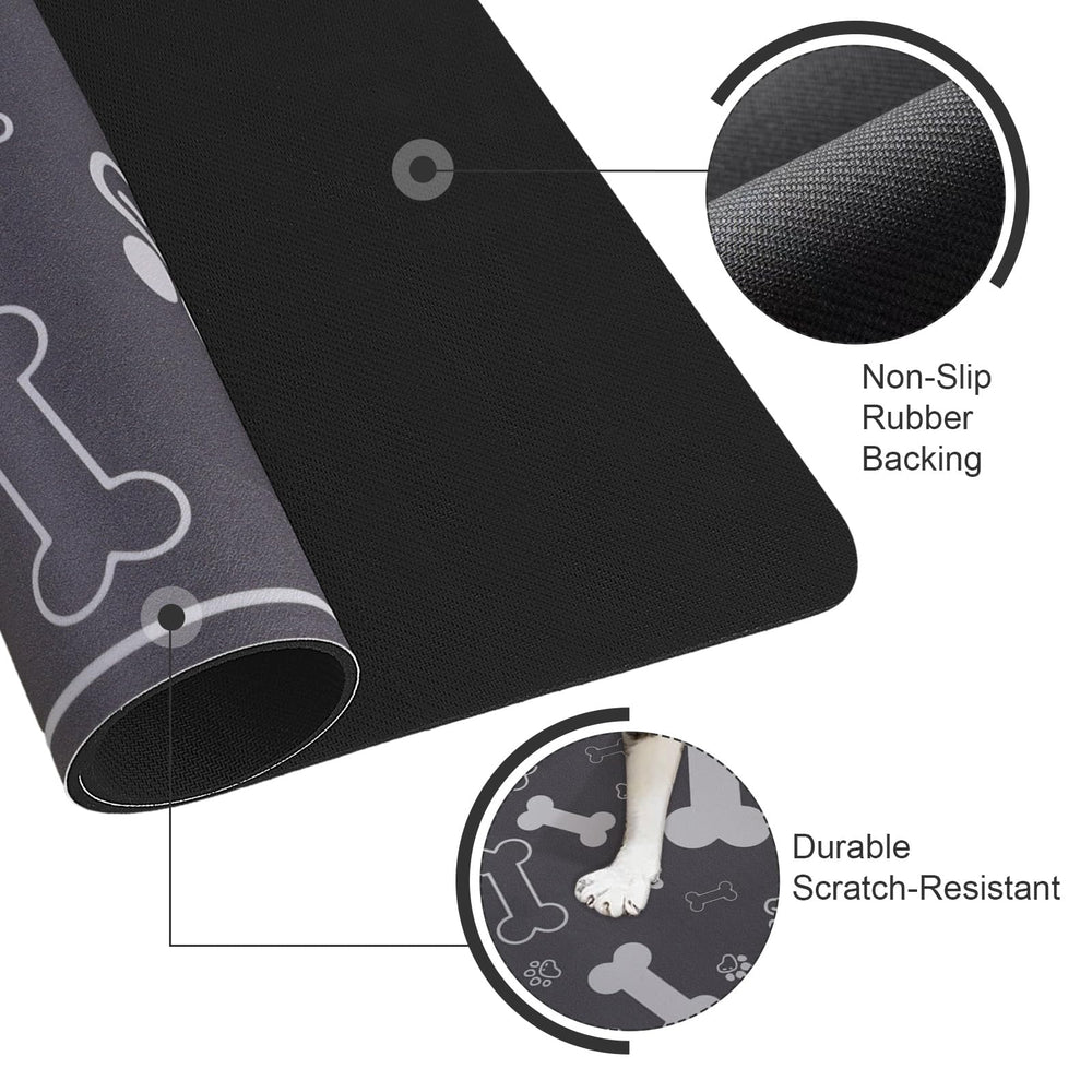 Voanos cat-bowl-on-mat view highlights quick-drying, stain-resistant mat.