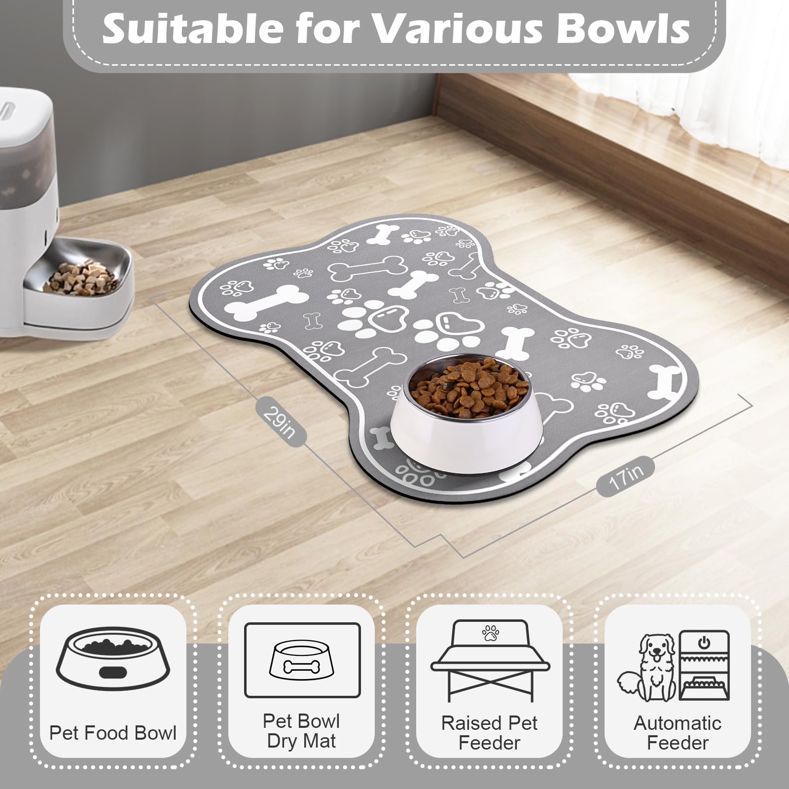 Voanos versatile mat works with bowls, dispensers, and feeders.
