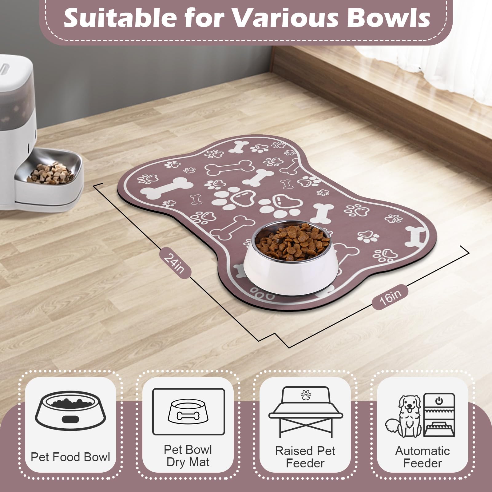 Voanos 16x24 inch mat fits standard bowls and dispensers for tidy spaces.