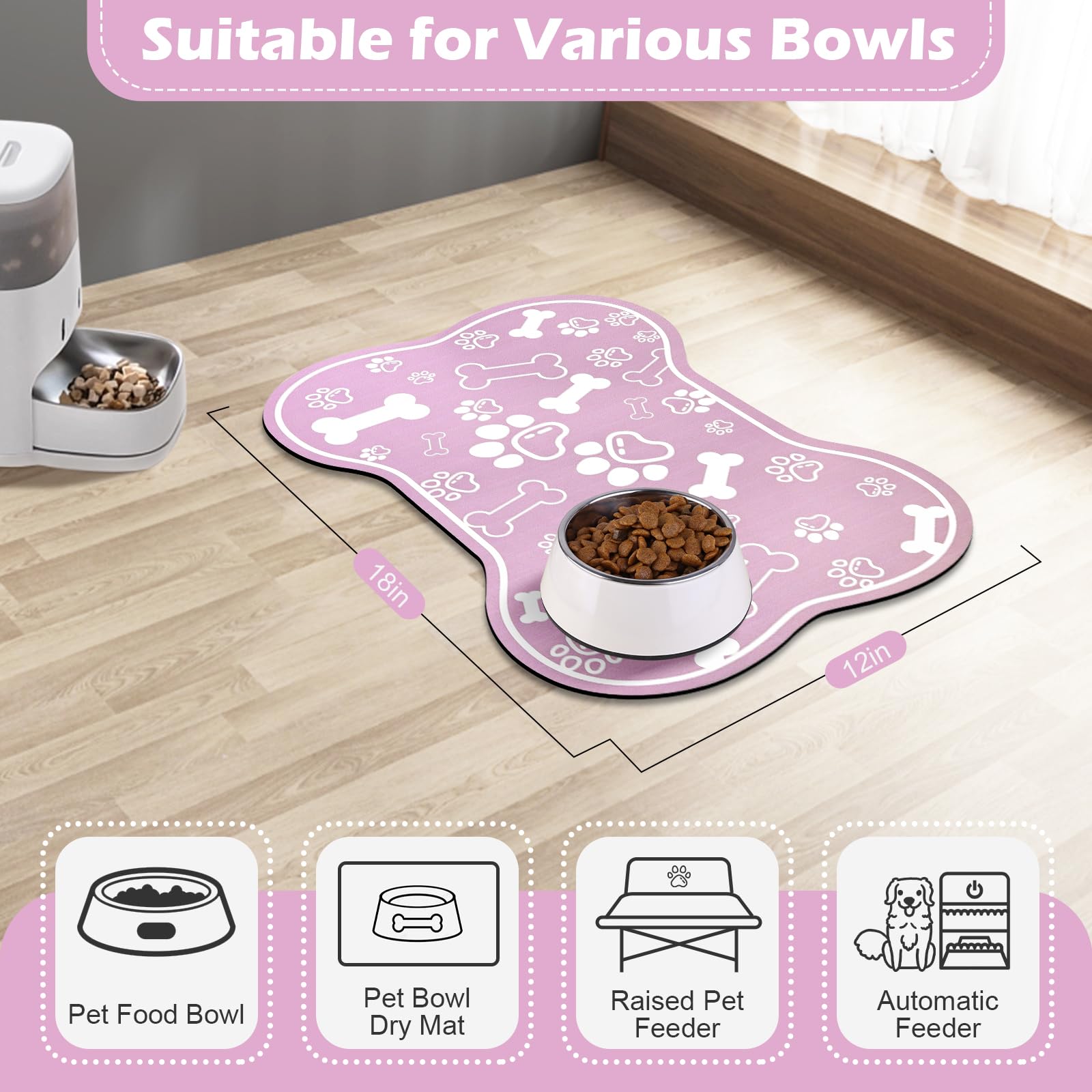 Voanos dog cat mat in use with bowls provides a clean dining area.