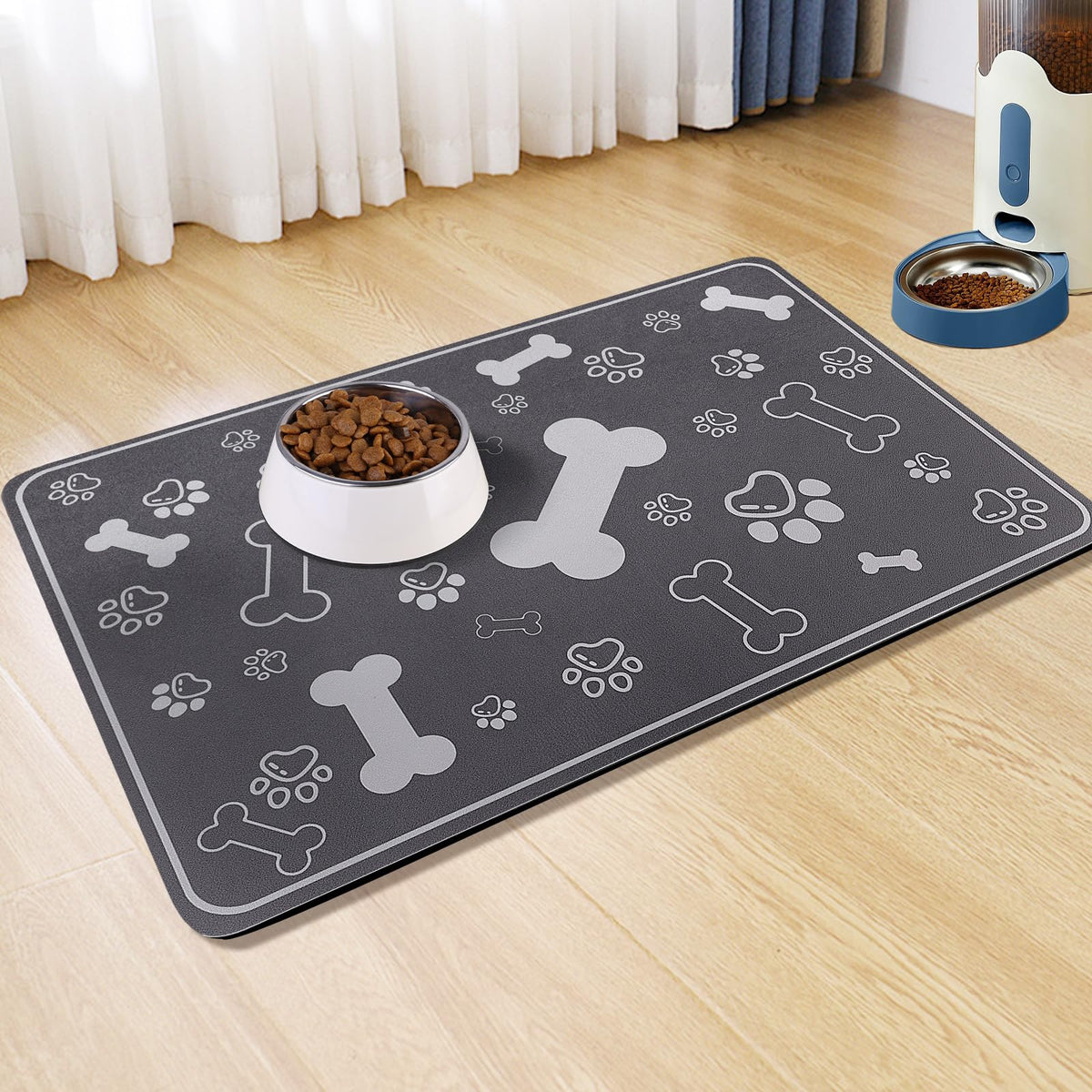 Voanos pet feeding mat top view with paw pattern and organized bowls