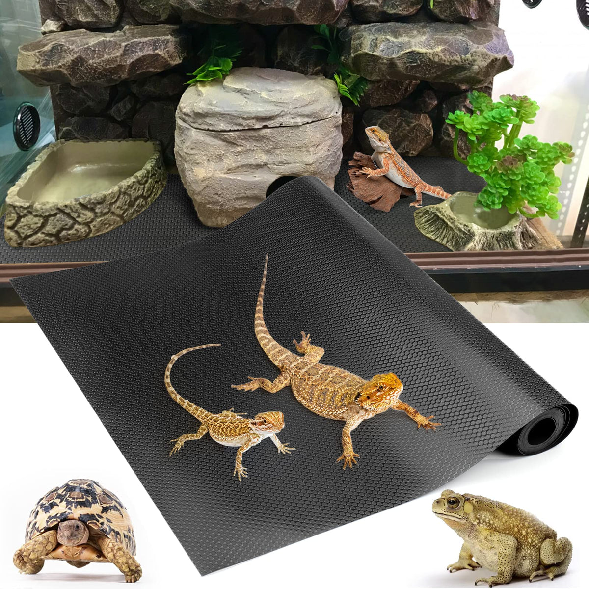 Vodolo bearded dragon tank carpet front view highlighting heat absorption for warmth.