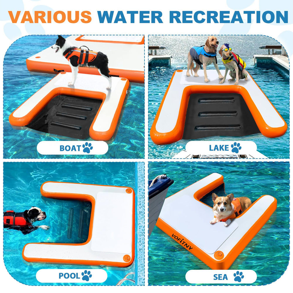 VOFiTNY dog pool ramp side view highlights portable inflatable design for quick setup.