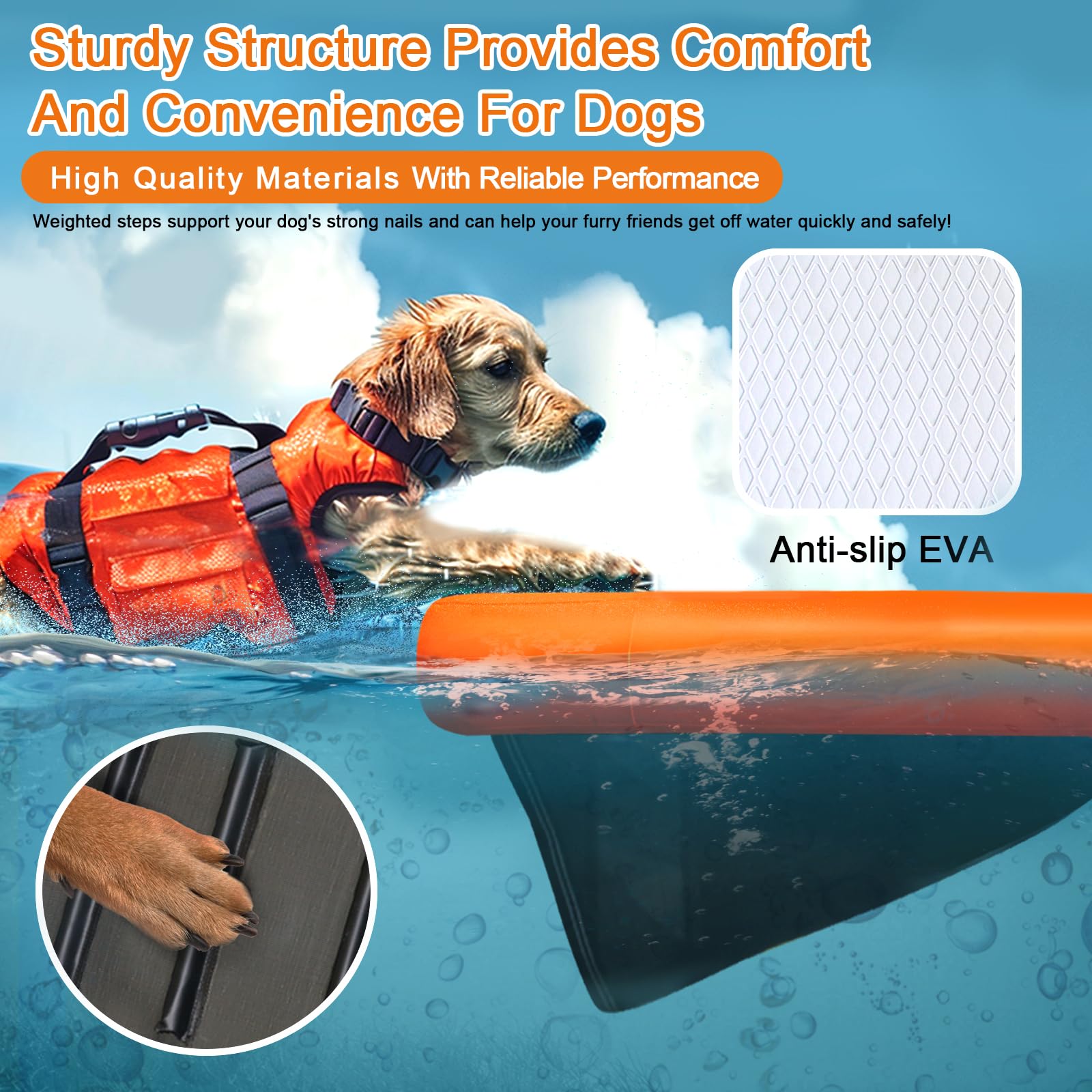 VOFiTNY lake dog boat ladder in-use helps pets rejoin water safely.