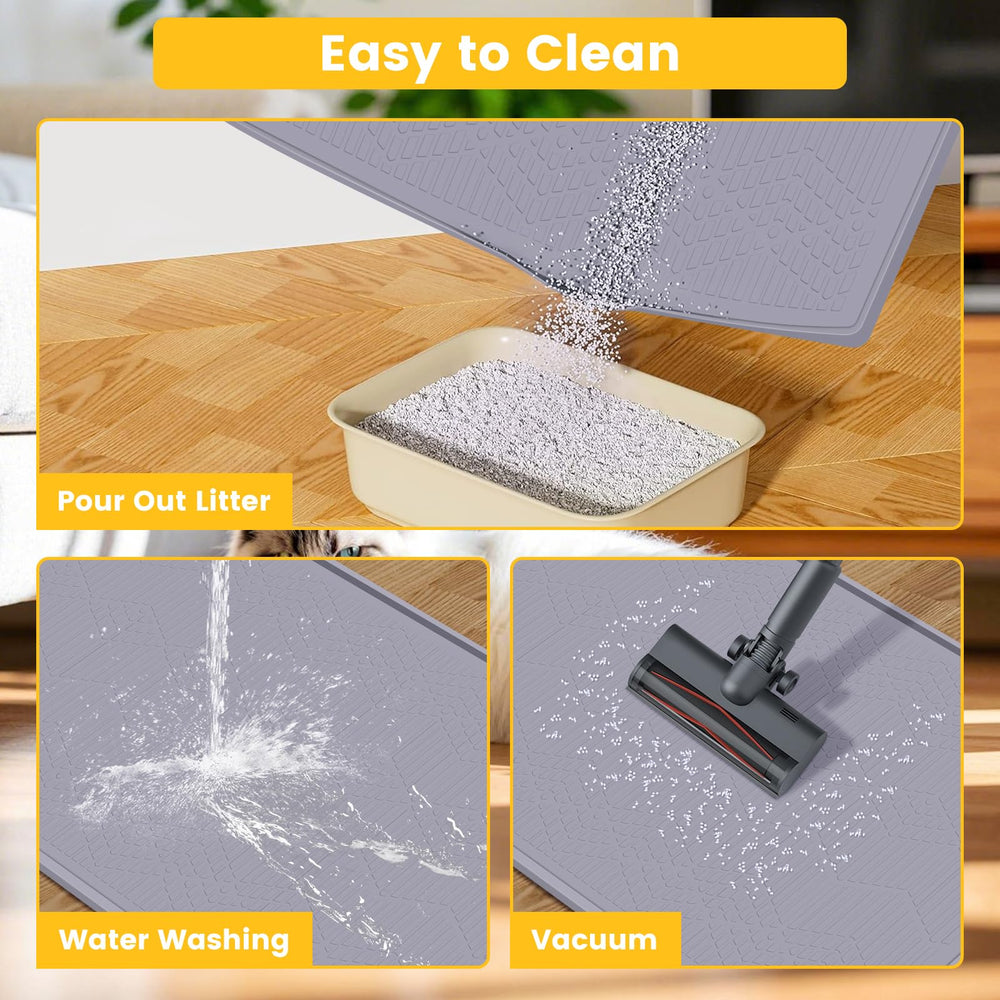 Vokolesd cat litter mat with tease-stick shows integrated toy to engage cat.