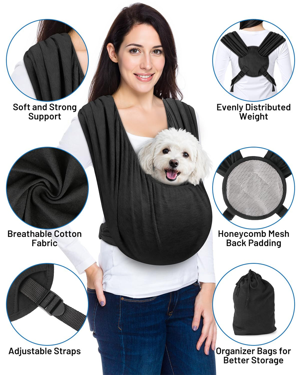Vokvaktak dog sling adjustable shoulder straps give a custom fit for different heights.