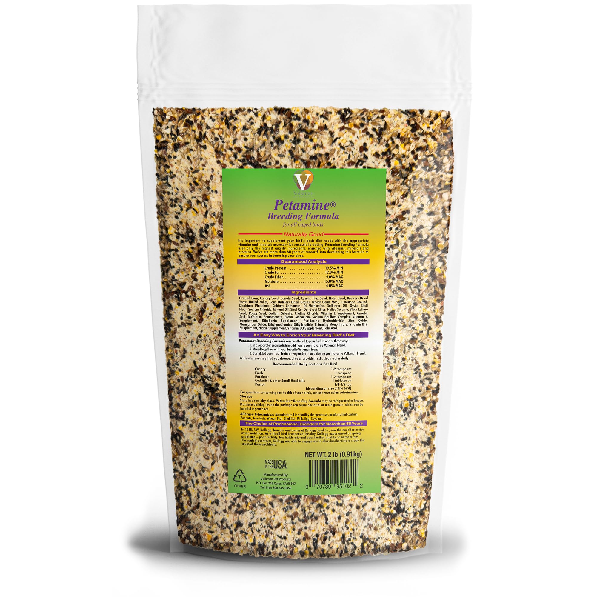 Volkman Petamine Breeder Formula 2lb bag back—detailed nutrition profile for energy and vigor.