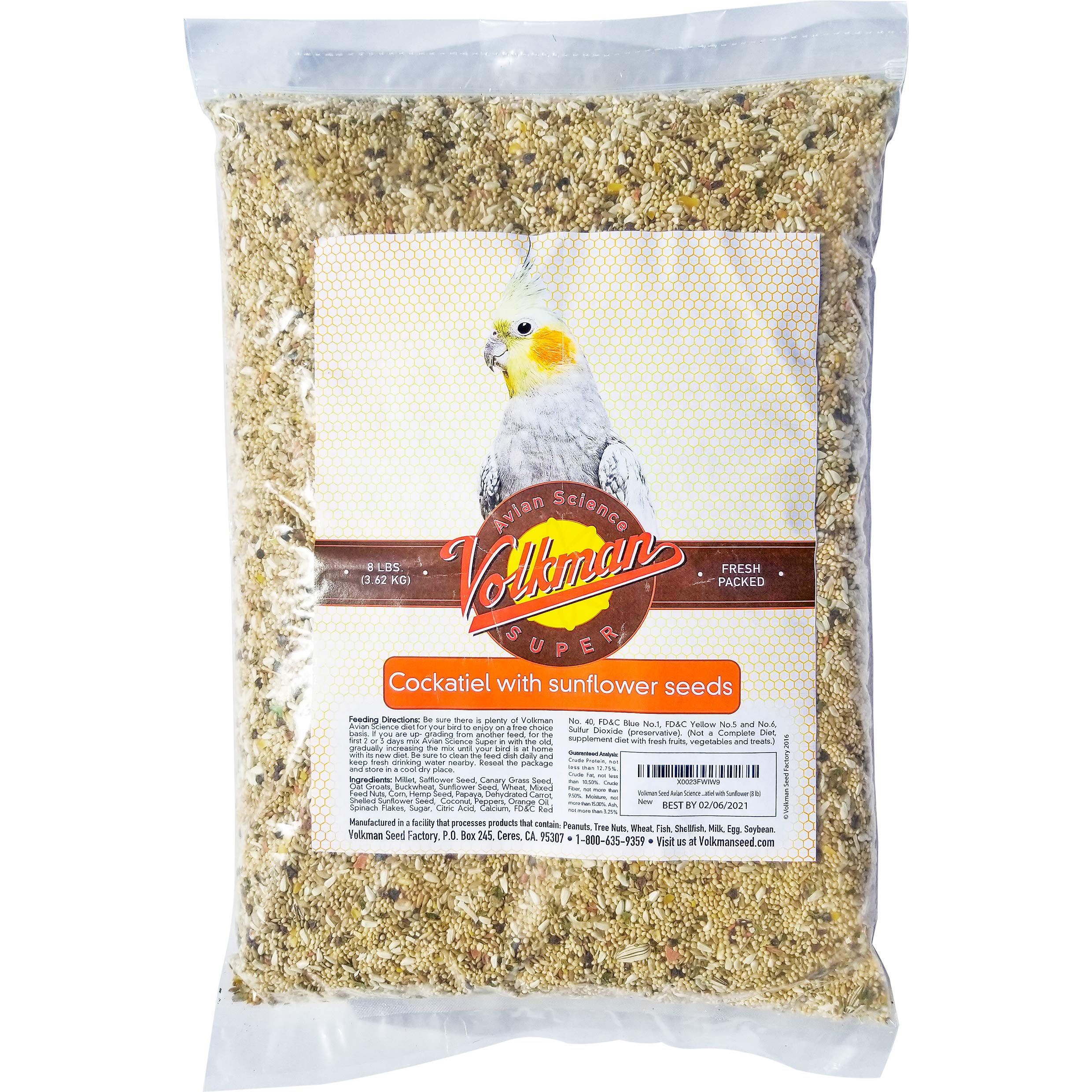 Volkman Seed Avian Science Cockatiel Sunflower 8lb bag front highlights nutritious blend for cockatiels.