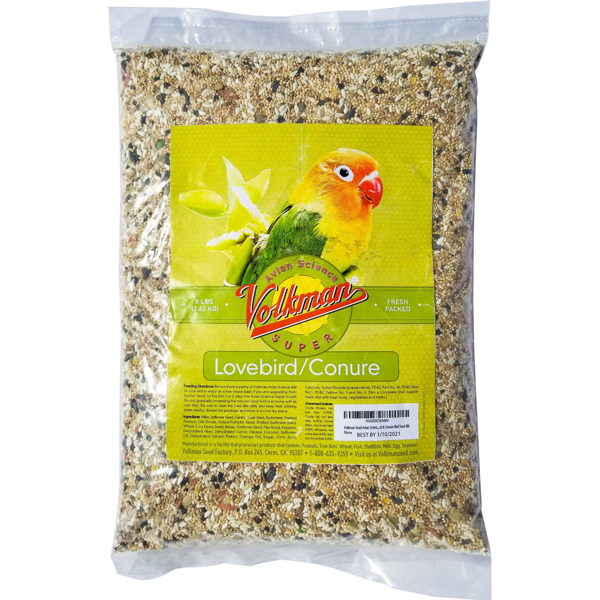 Volkman Seed Avian Science Lovebird & Conure bird seed bag supports balanced nutrition for small parrots.