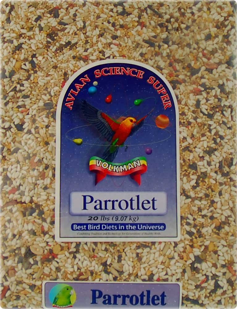 Volkman Seed Avian Science Super Parrotlet 20lb bag view aids healthy parrot diets.