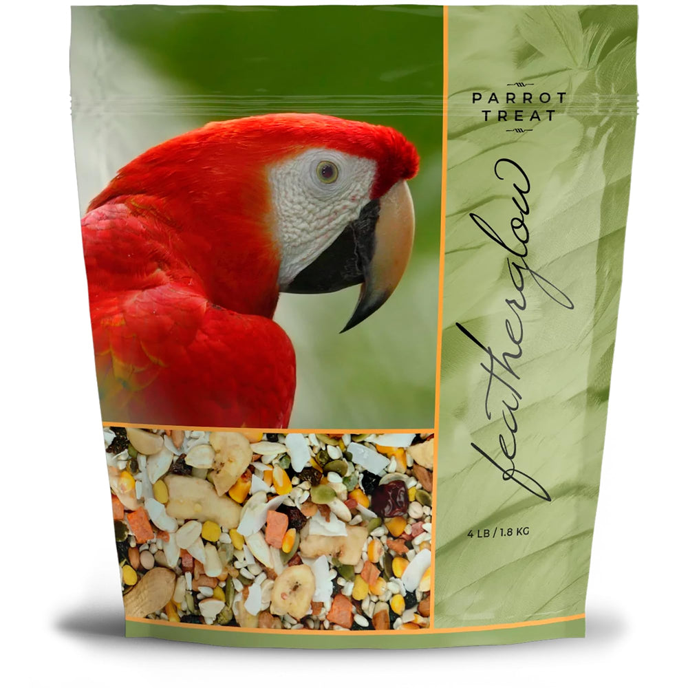 Volkman Seed Featherglow Parrot Treat packaging highlights a premium mixed diet for birds