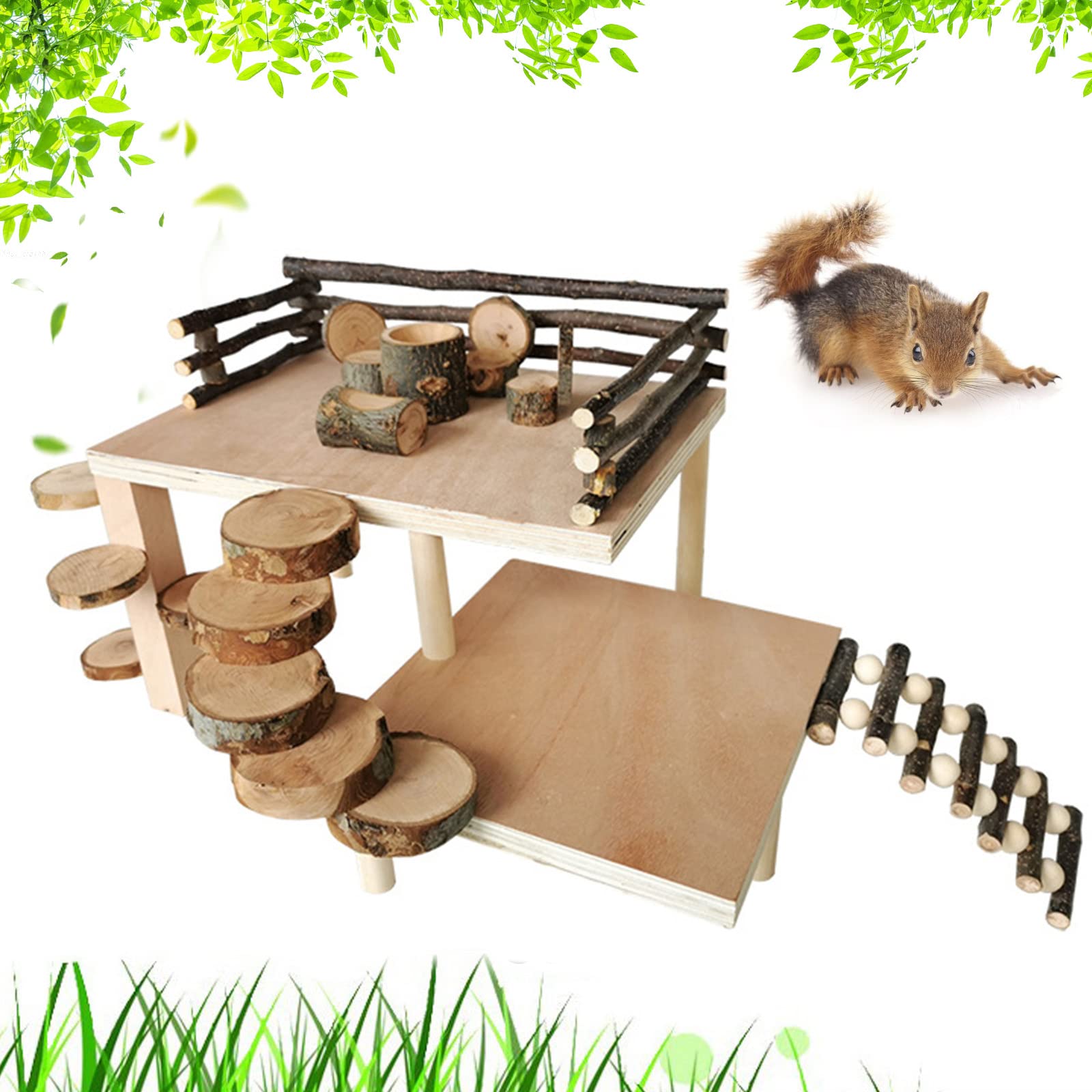 VolksRose wooden hamster playground platform front view demonstrates stimulating climbing activity for small pets.