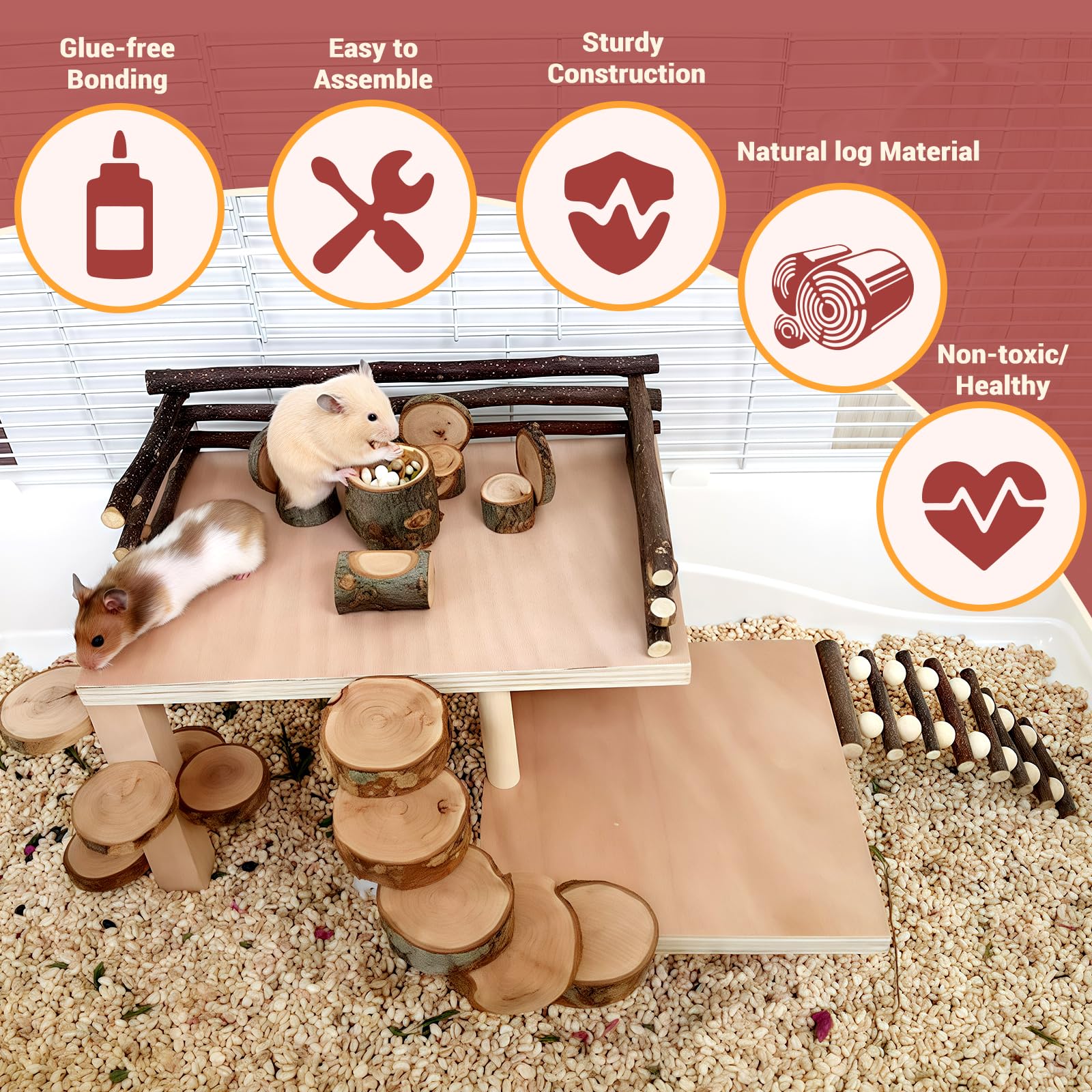 VolksRose connective platform with railings illustrates safe nesting and curious exploration for small pets.