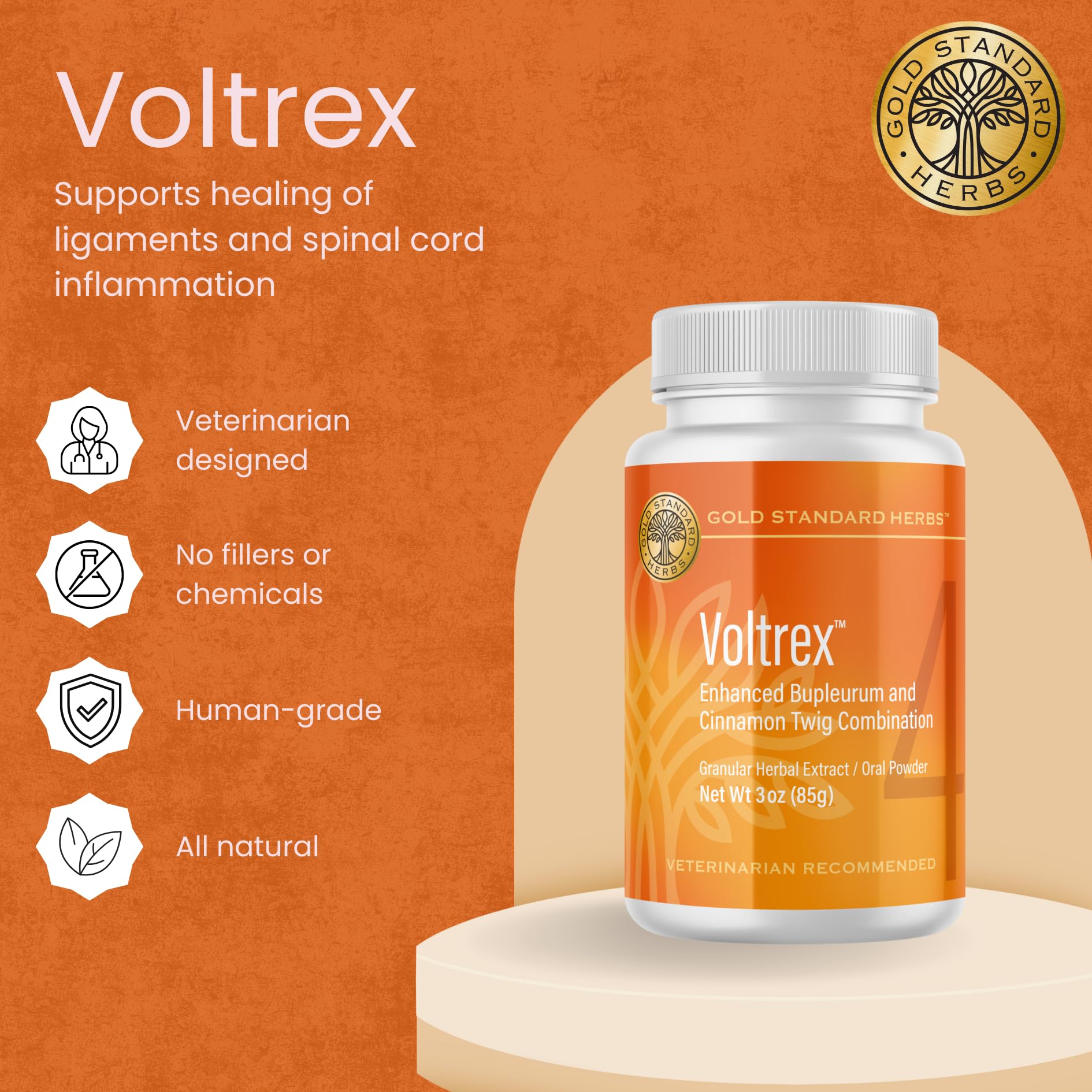 Voltrex dog powder with scoop demonstrates easy daily dosing for joint mobility.