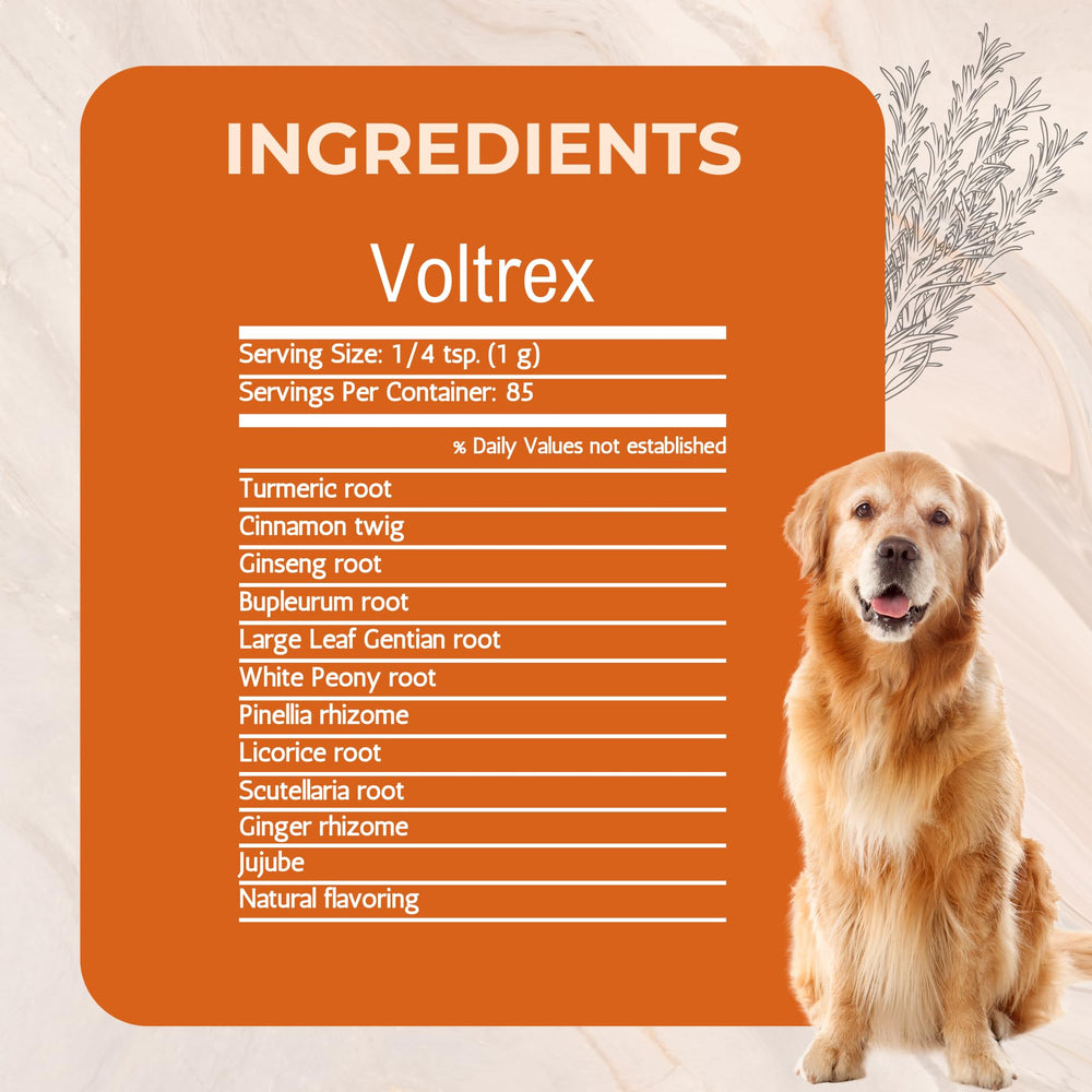 Close-up of Voltrex herbal blend highlights whole-herb ingredients for circulation support.
