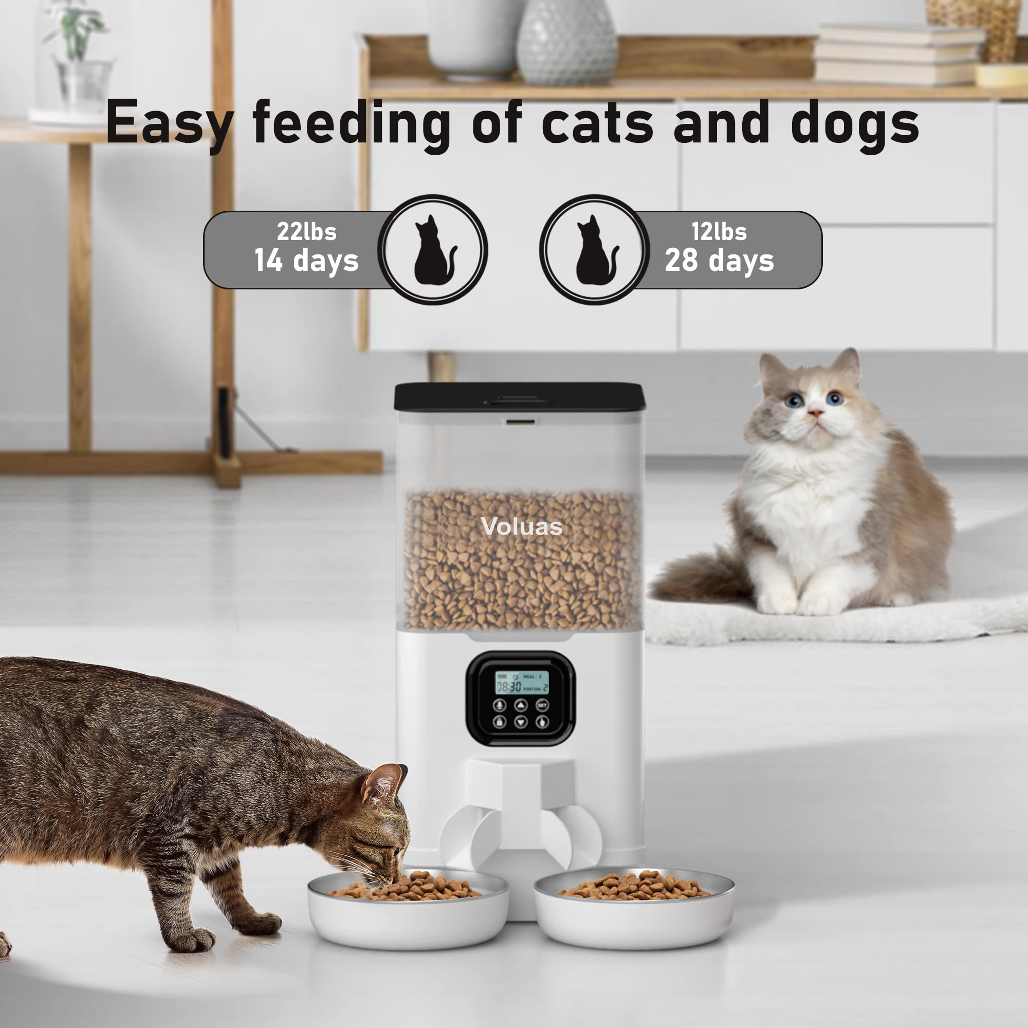 Voluas 6L timed cat feeder with memory helps maintain regular feeding when busy.