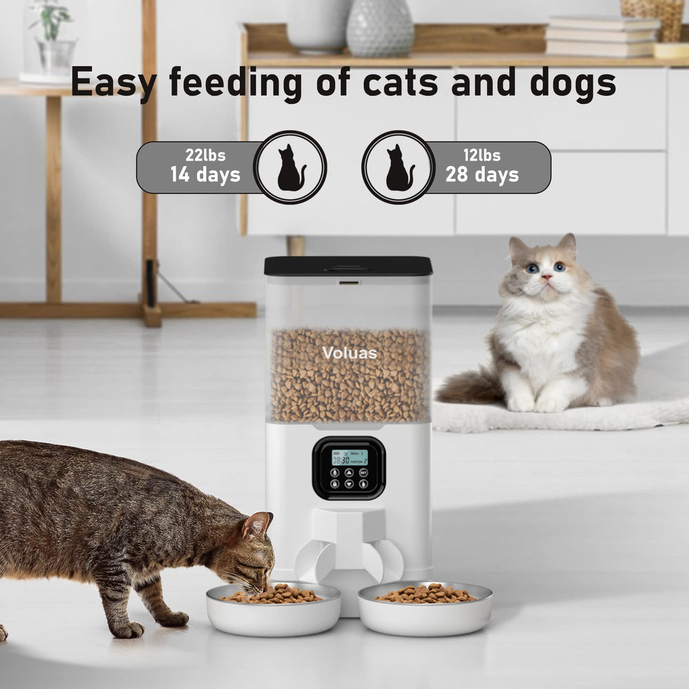 Voluas 6L timed cat feeder with memory helps maintain regular feeding when busy.