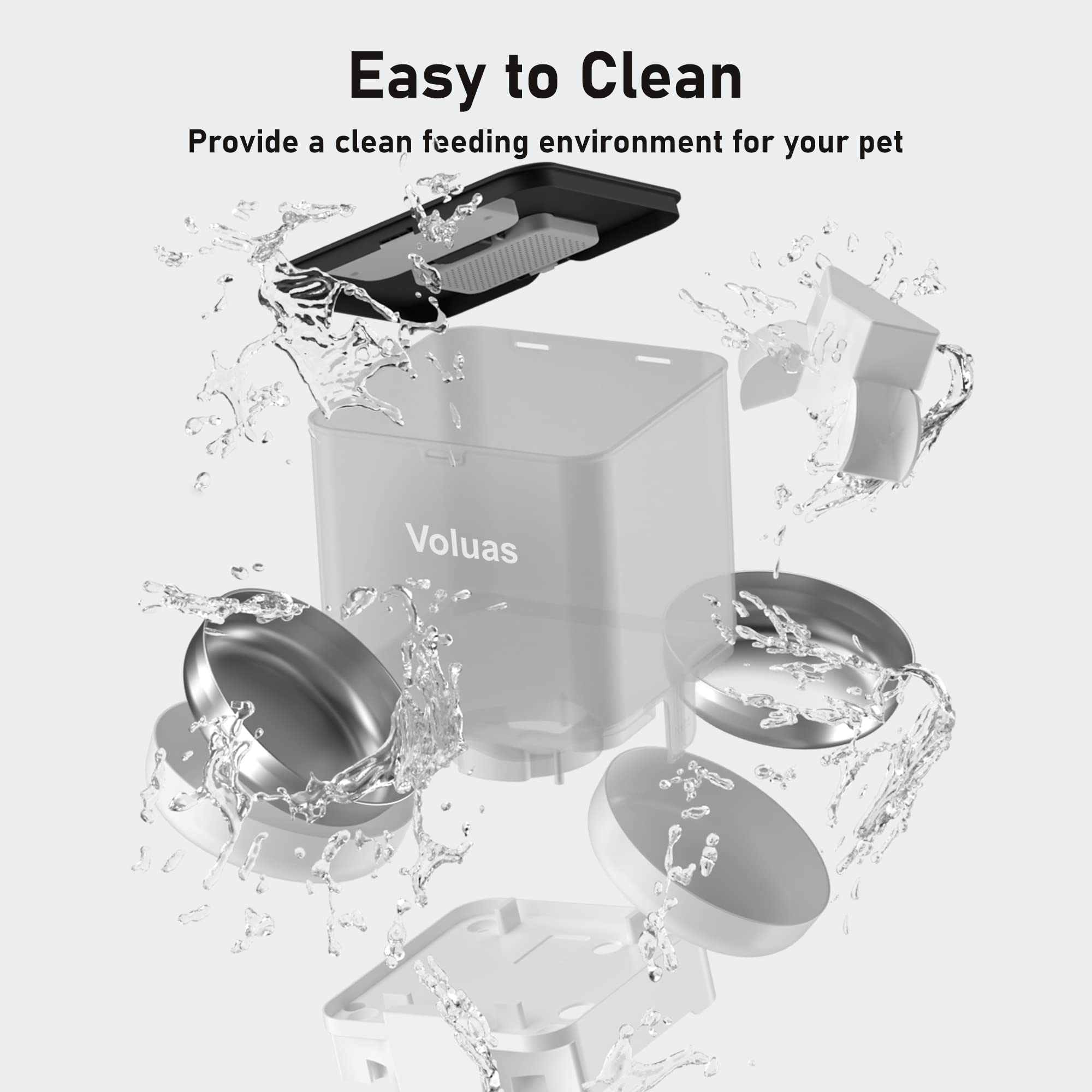Voluas anti-clog system ensures smooth kibble dispensing for consistent meals.