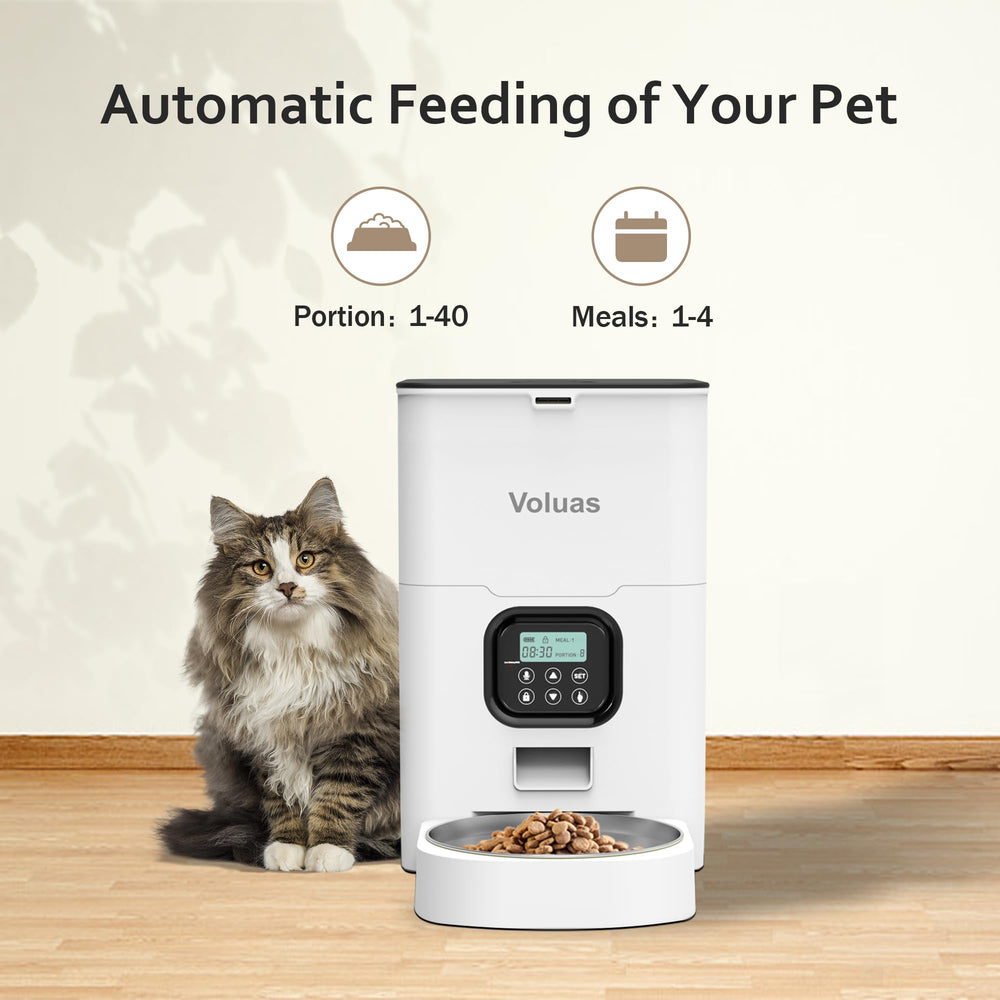 Voluas automatic cat feeder on desk setup for convenient daily feeding