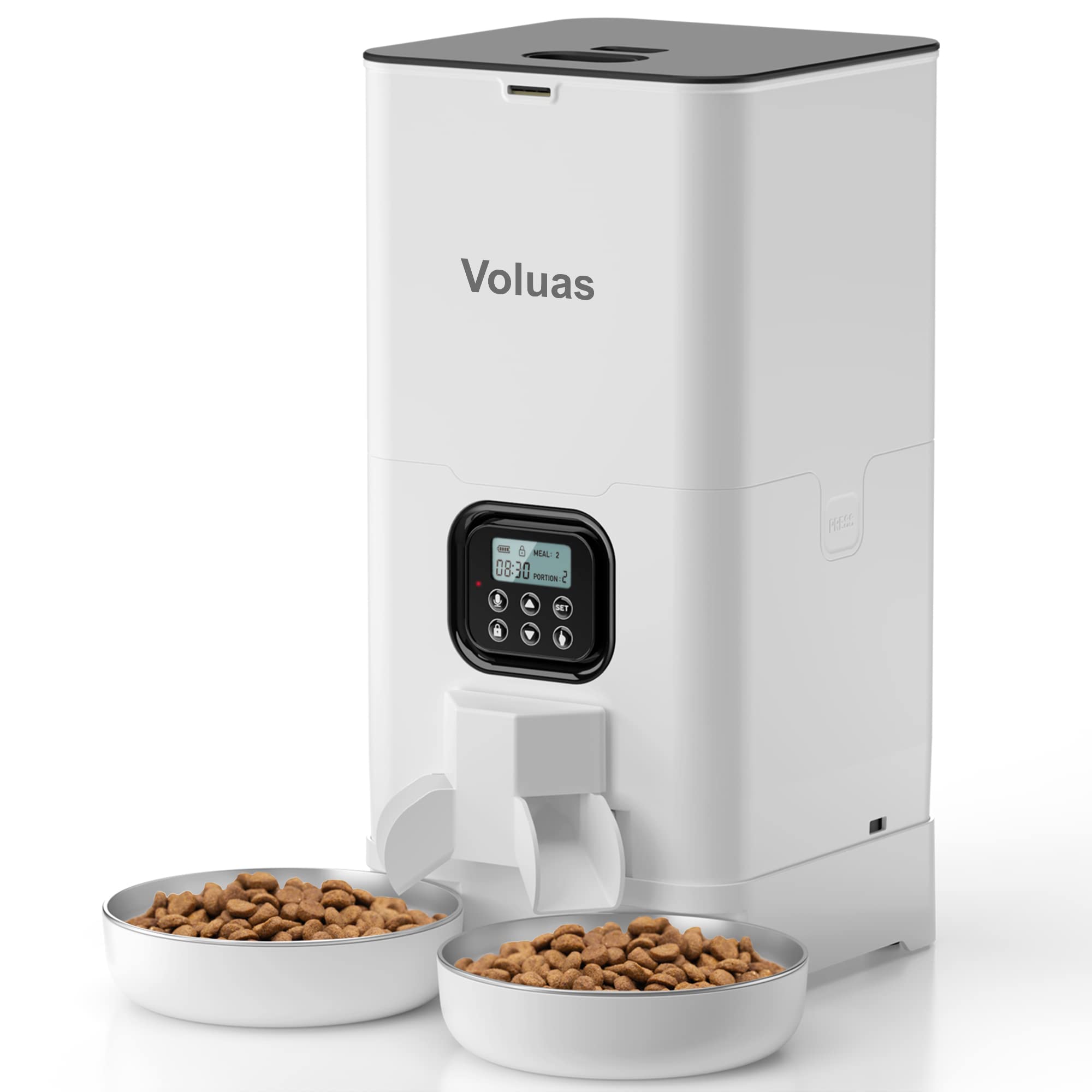 Voluas automatic cat feeder front view with dual bowls ready for two cats