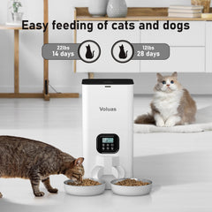 Voluas feeder showing two stainless steel bowls and meal divider for two pets
