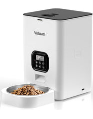 Voluas automatic feeder front view showing hopper and timing controls for scheduled meals