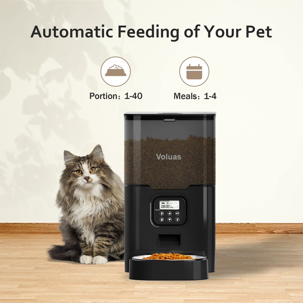 Voluas cat dispenser timer desk setup shows quick programming and portions.