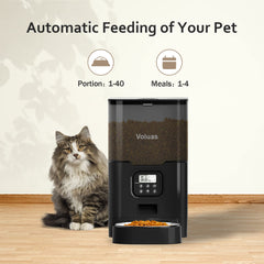 Voluas cat dispenser timer desk setup shows quick programming and portions.