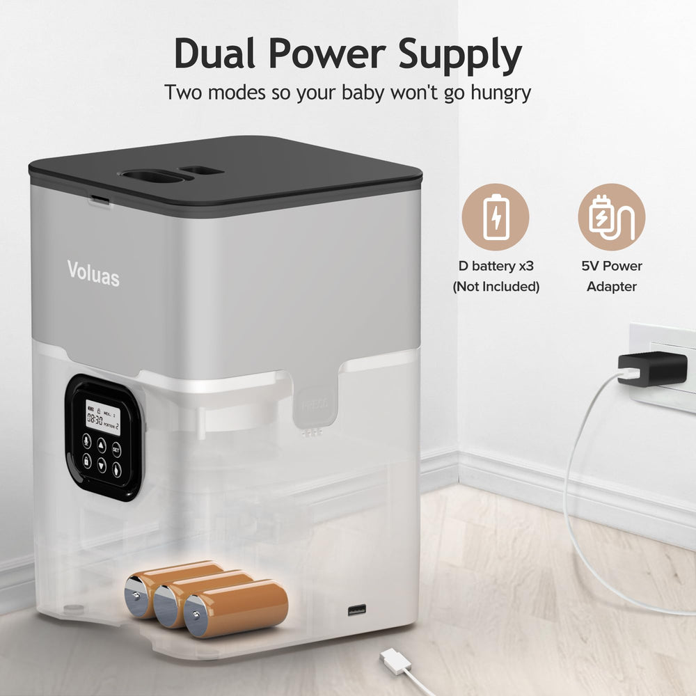 Voluas Cat Feeder power options image demonstrates wired and battery flexibility.
