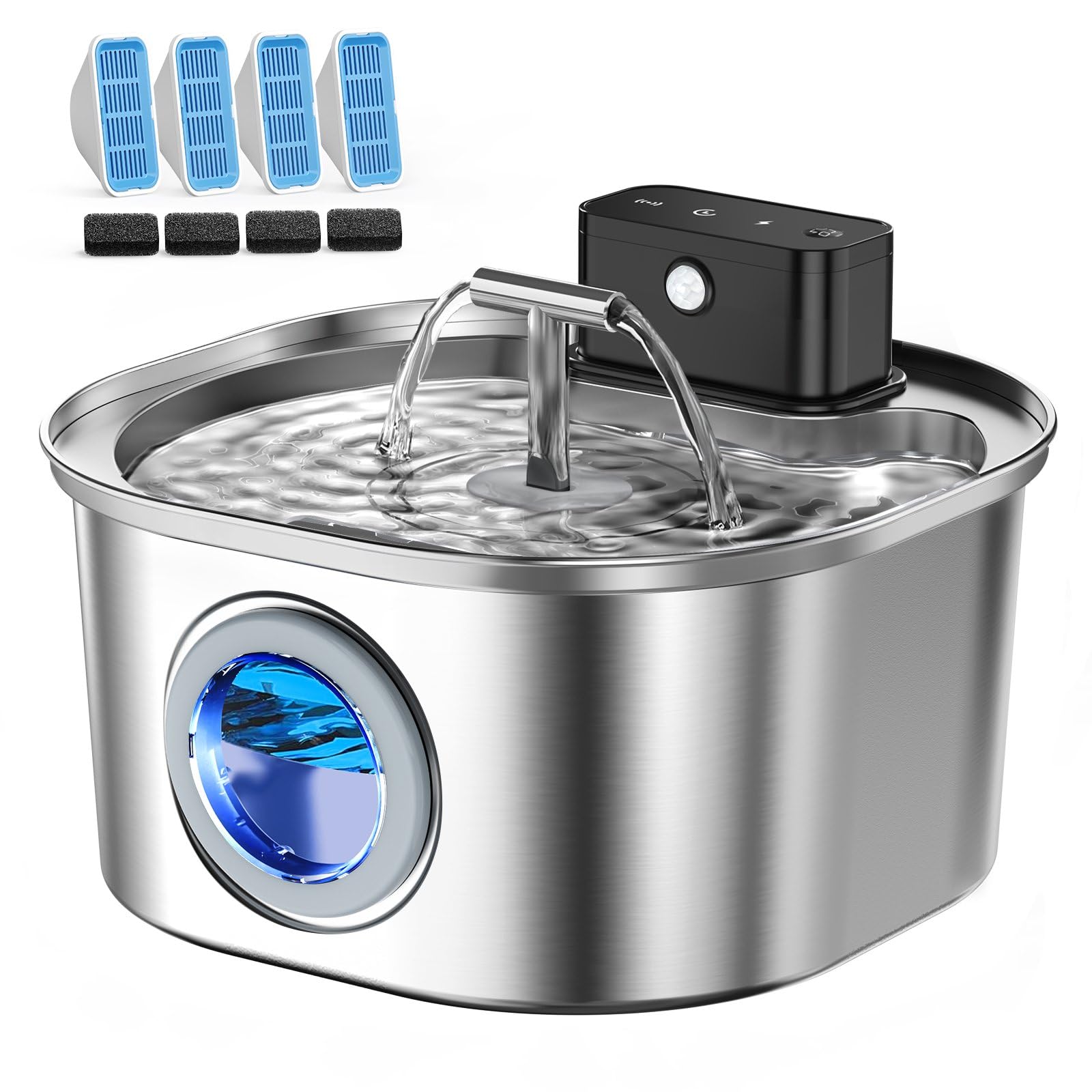 Voluas Cat Water Fountain stainless steel front view for safe, hygienic hydration.