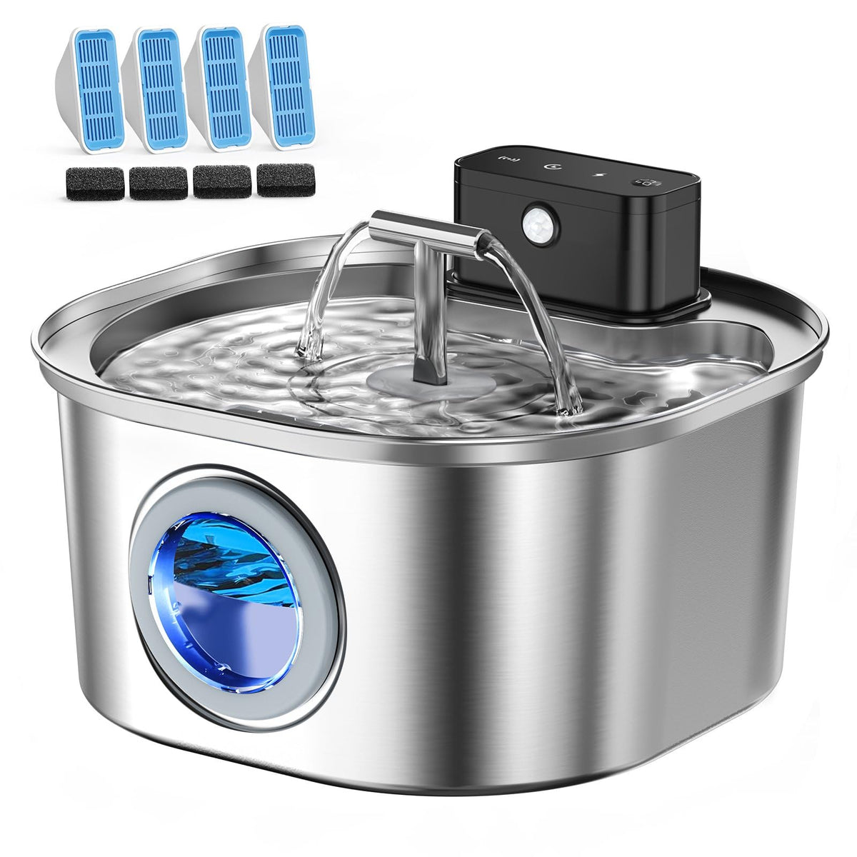 Voluas Cat Water Fountain stainless steel front view for safe, hygienic hydration.