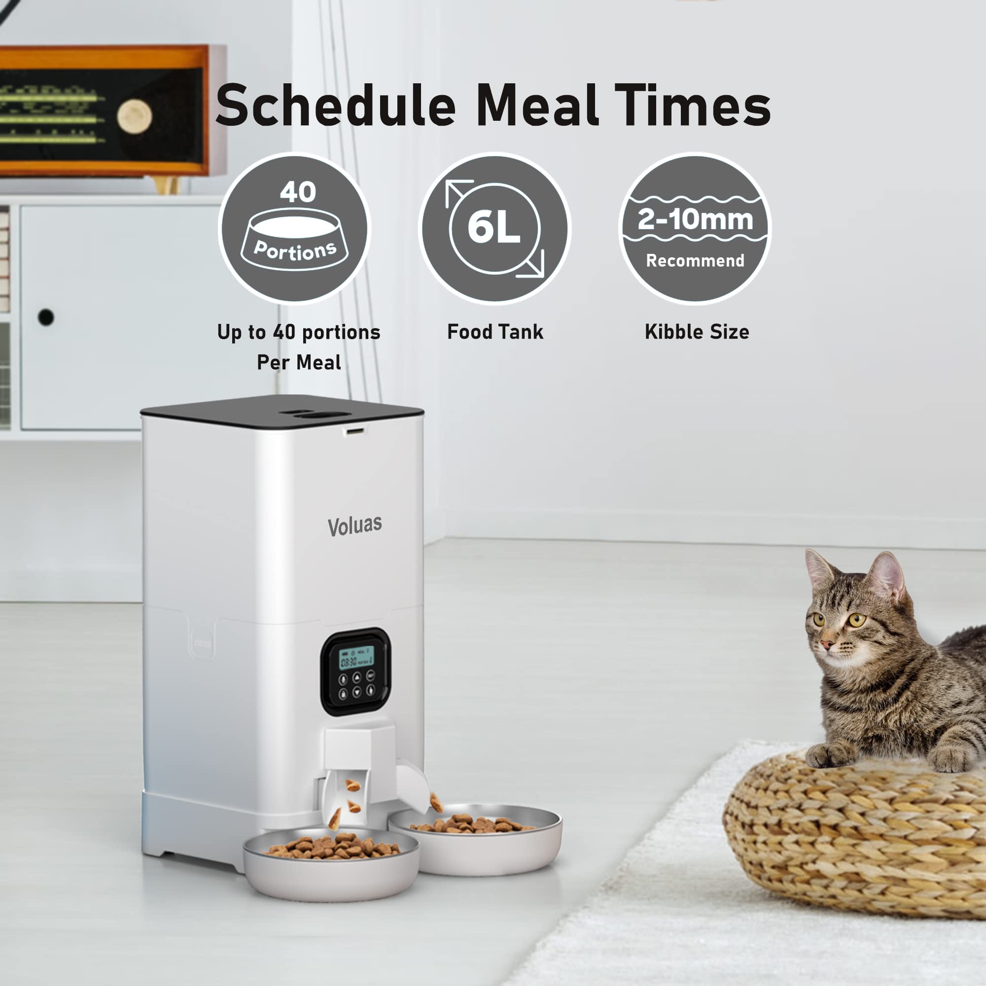 Voluas double-feeder setup dispensing meals into two bowls simultaneously