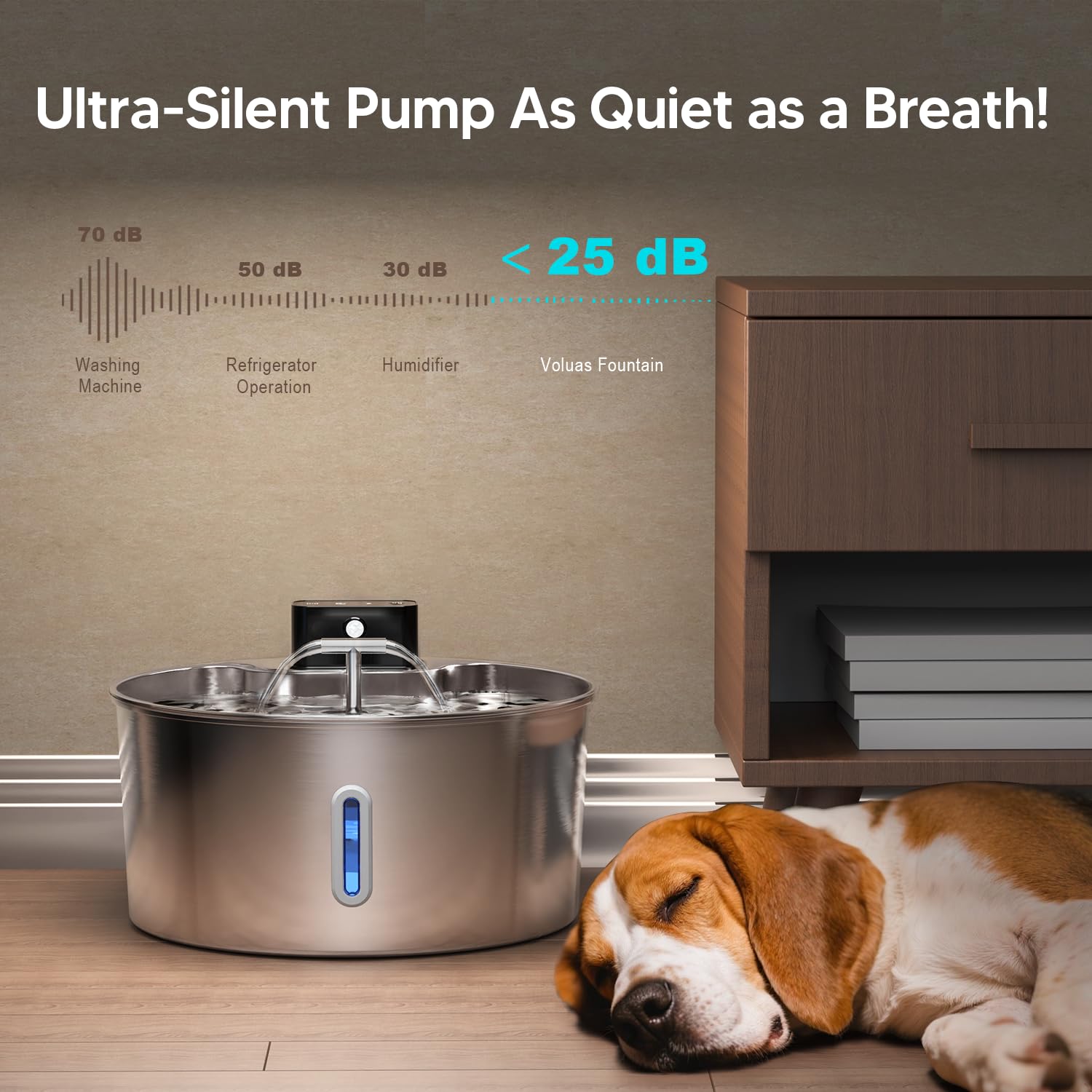 Voluas ultra-quiet pump image reflects silent operation for a calm home