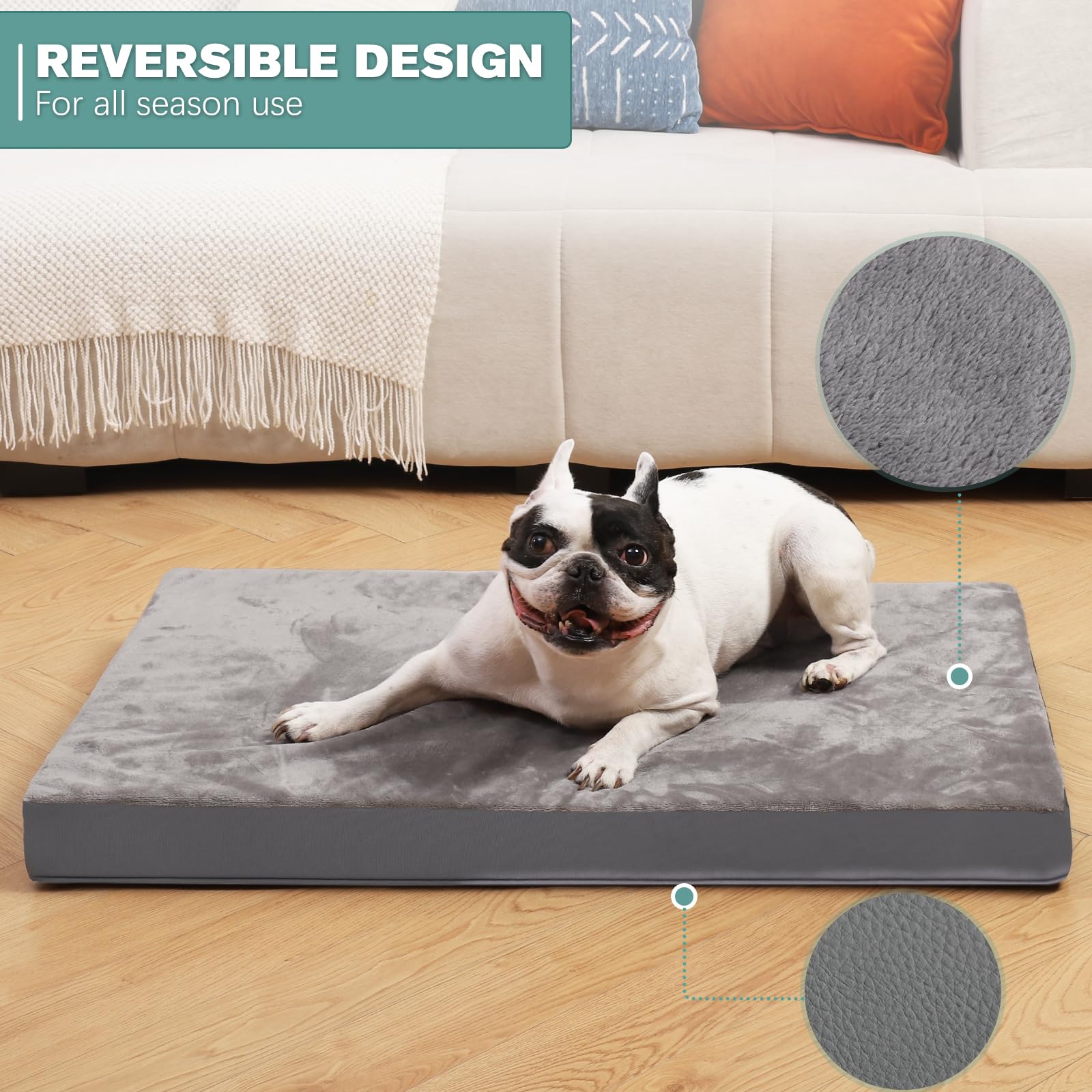 Vonabem gray dog bed close-up highlights plush fabric and foam detail.