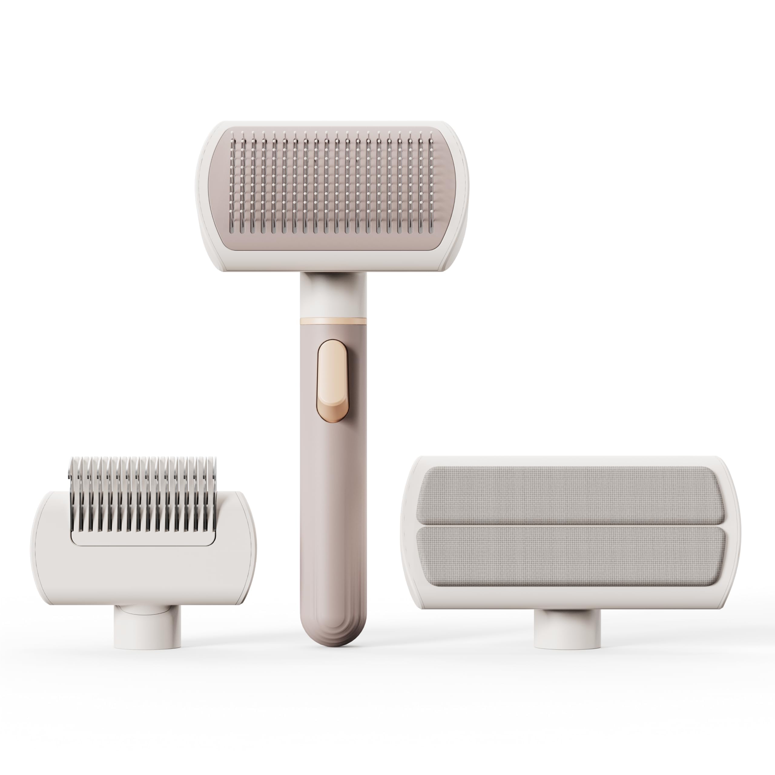 Voocoo self-cleaning slicker brush handle closeup for gentle pet grooming and easy fluff removal