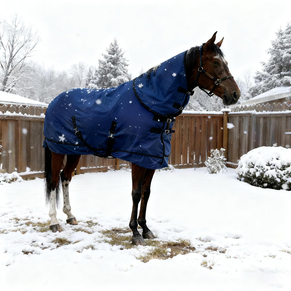 Vortexain blue winter horse blanket shown for durable, practical warmth outdoors.