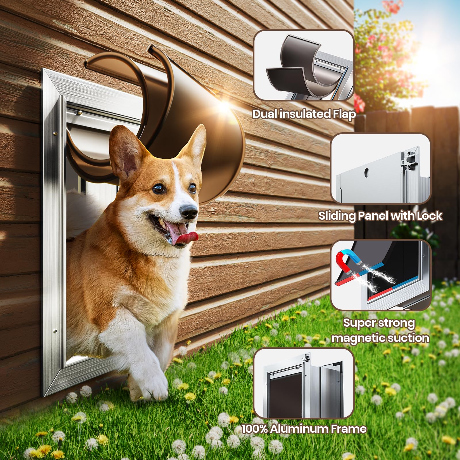 VOSOIR dog door flap opening measures 8.9 by 15 inches for pets up to 45 lb.