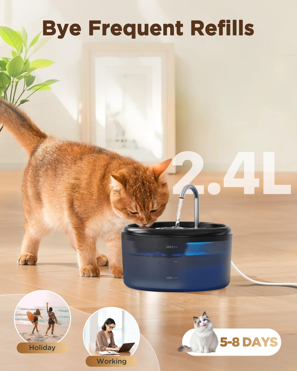 VOUAAOOD Cat Fountain with LED night light for safe nighttime drinking