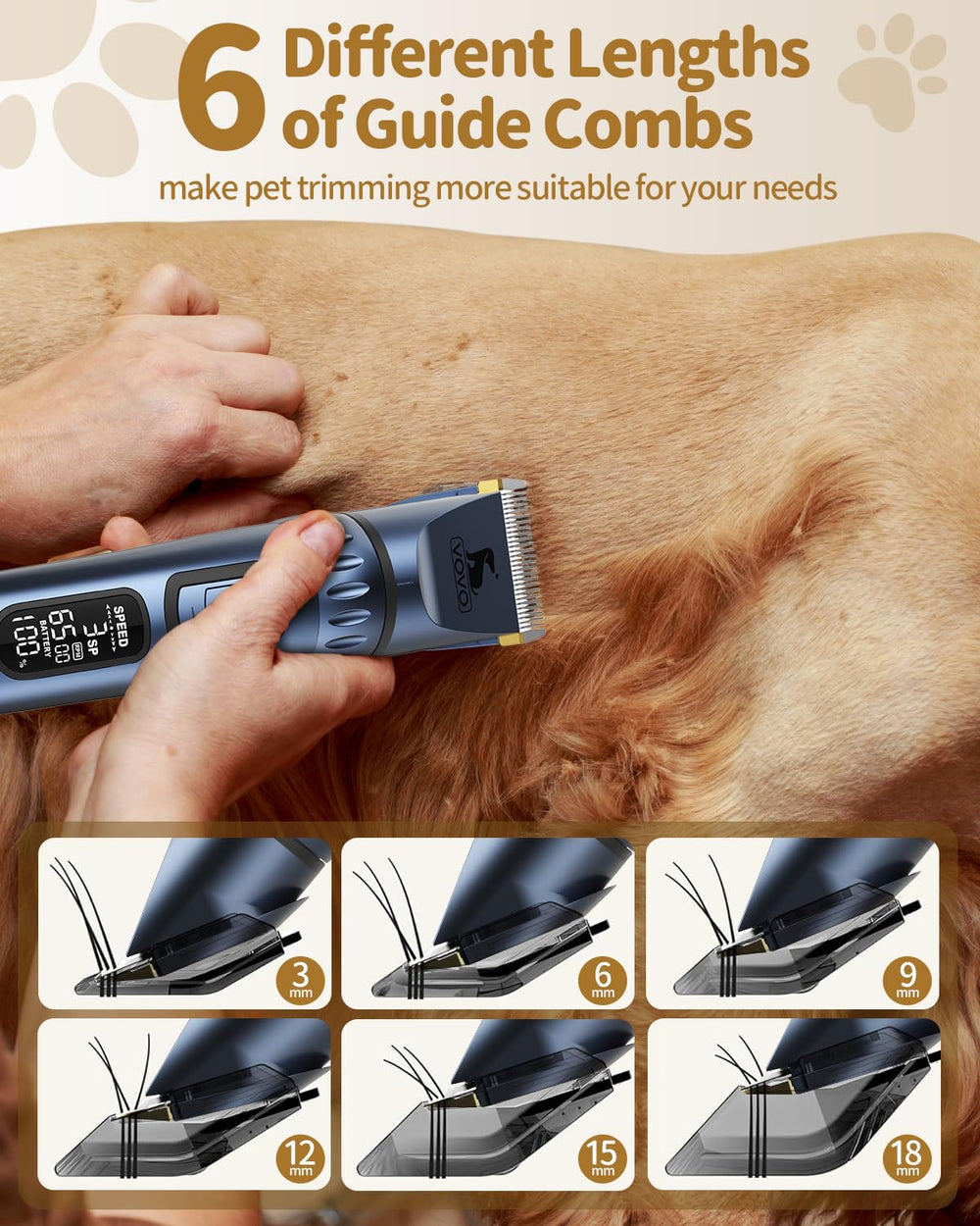 Vovo dog clippers 6500 rpm motor powers efficient trimming