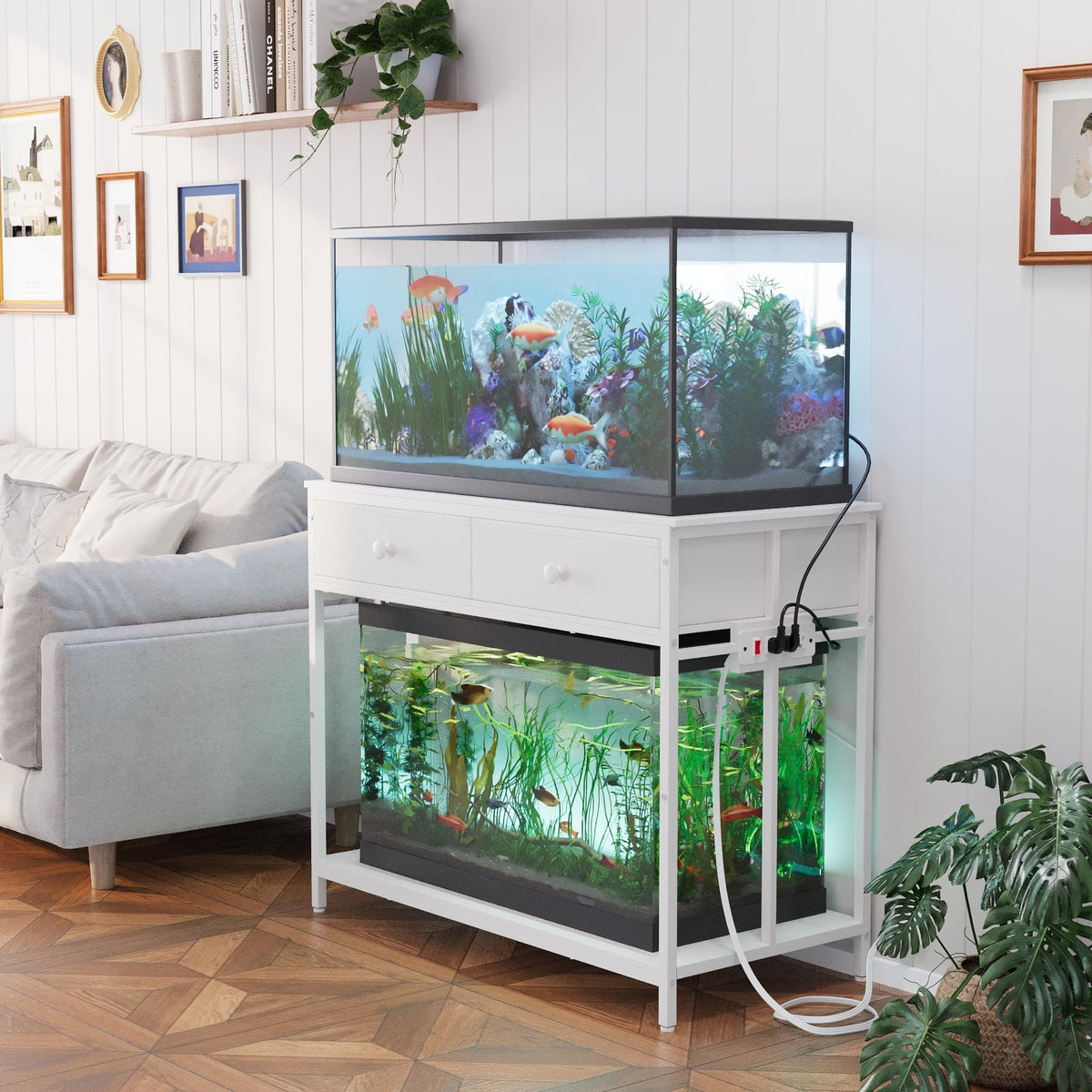 VOWNER 40-gallon aquarium stand front view shows tidy wiring with built-in outlets.