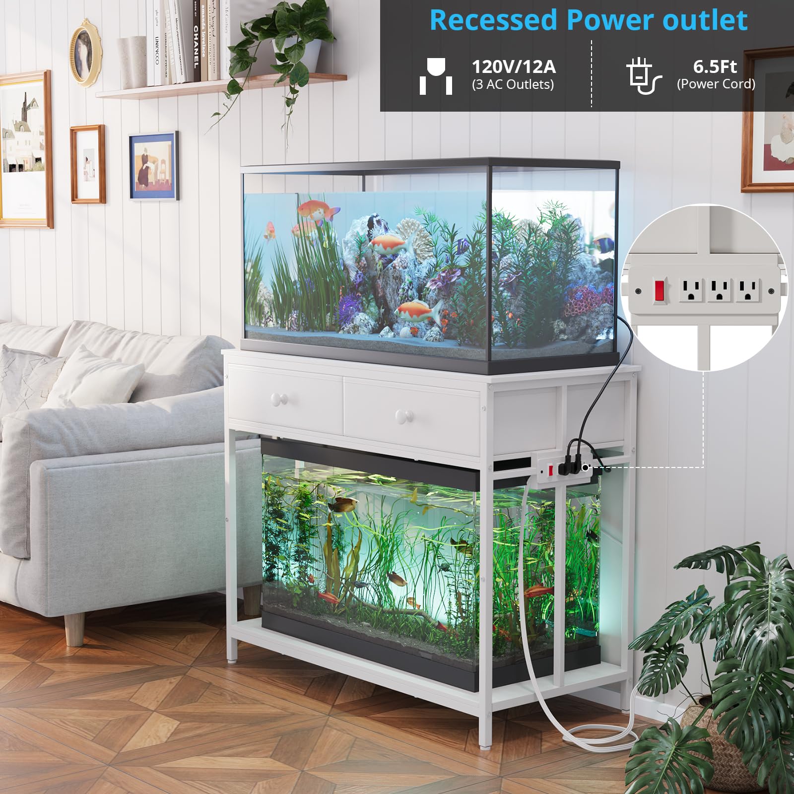 VOWNER stand drawer storage keeps fish food and tools organized.