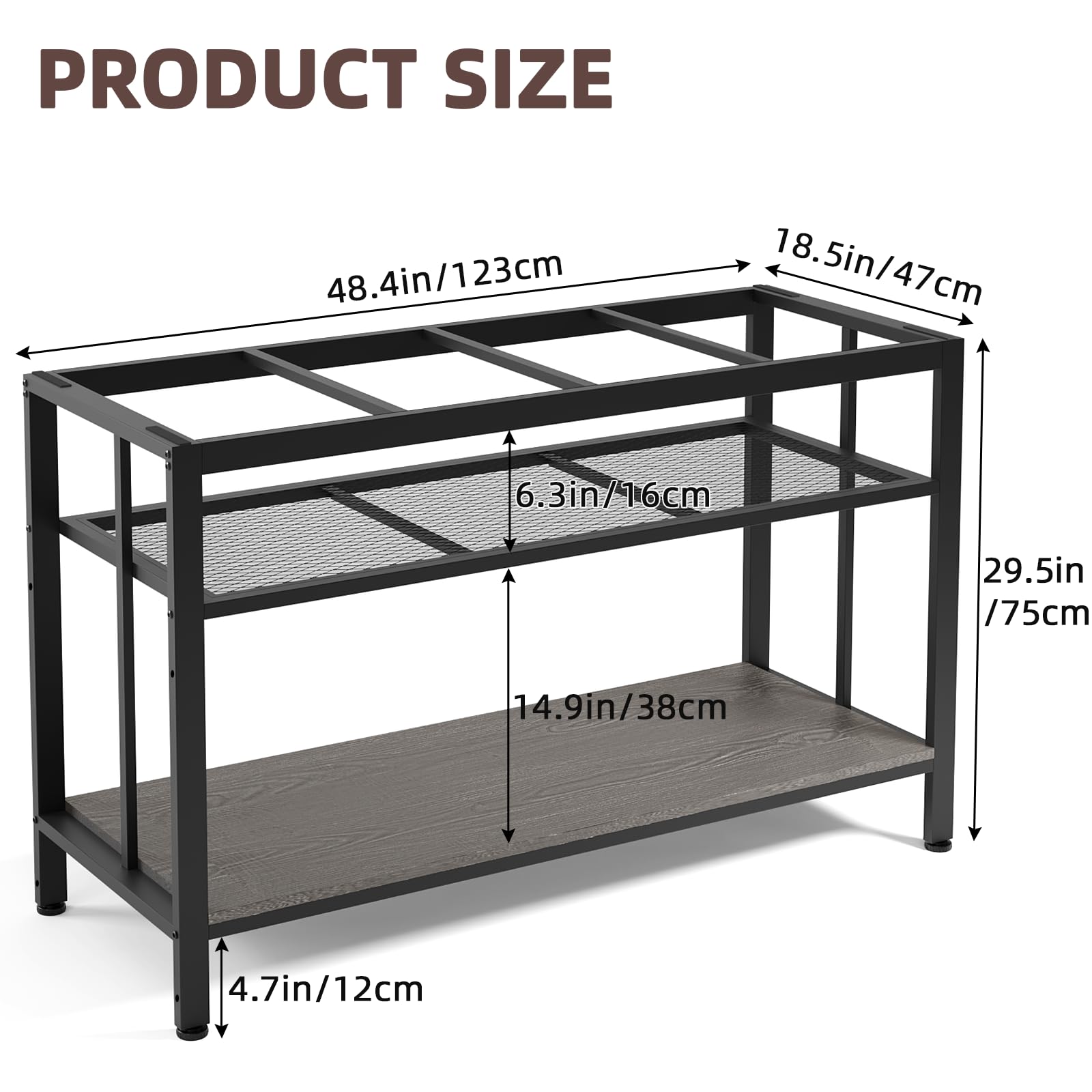 VOWNER fish tank stand side view highlights wobble-free stability.