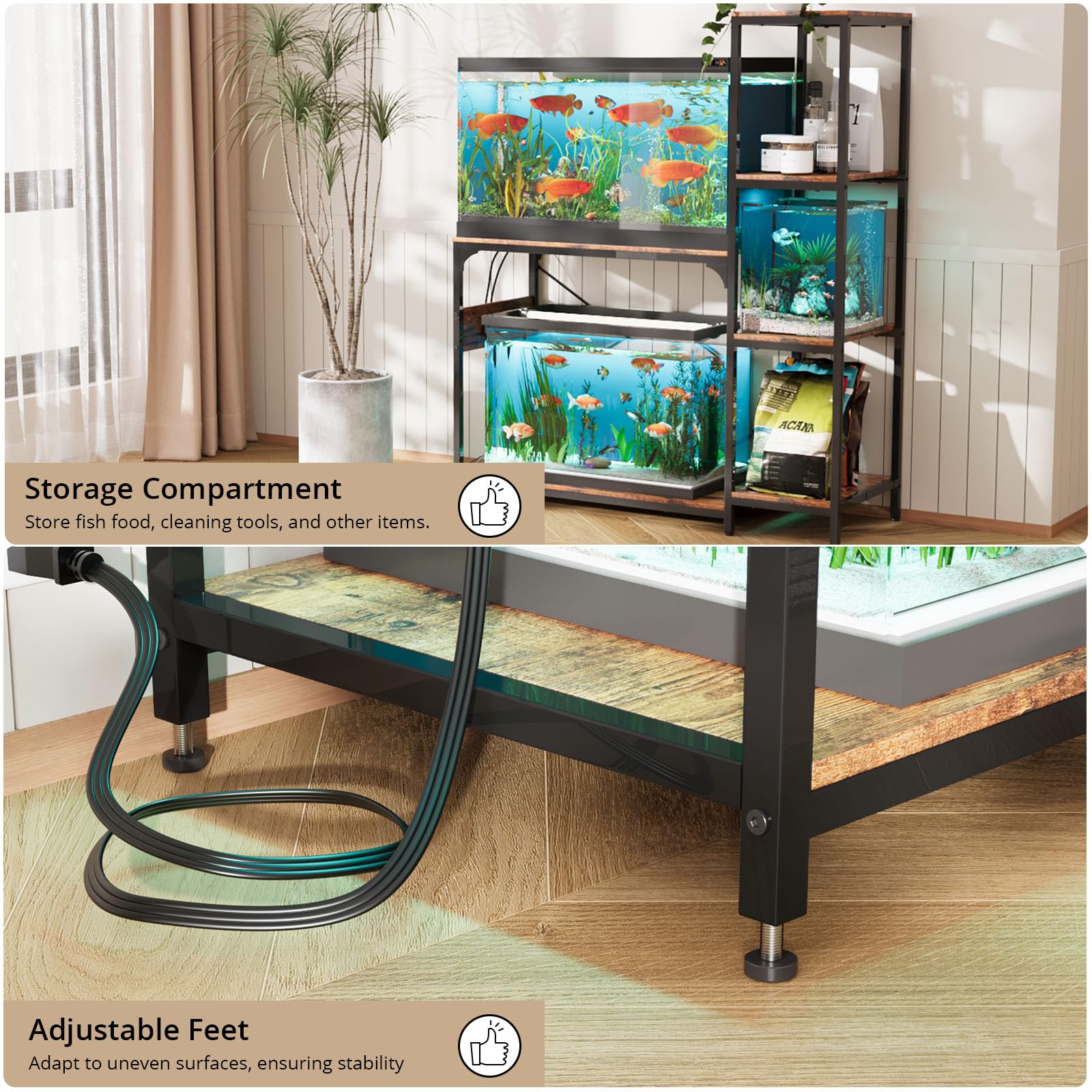 VOWNER adjustable feet keep the stand level on uneven floors.