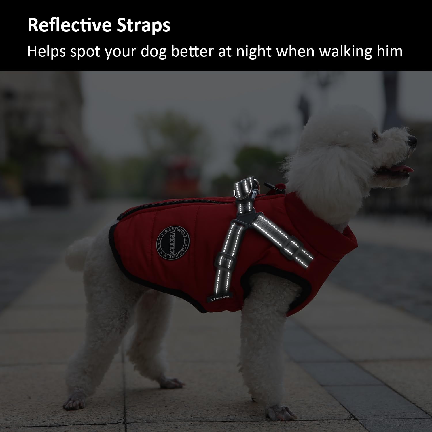 V.PET.B.R dog coat cross-over harness detail reduces strain for comfortable daily walks