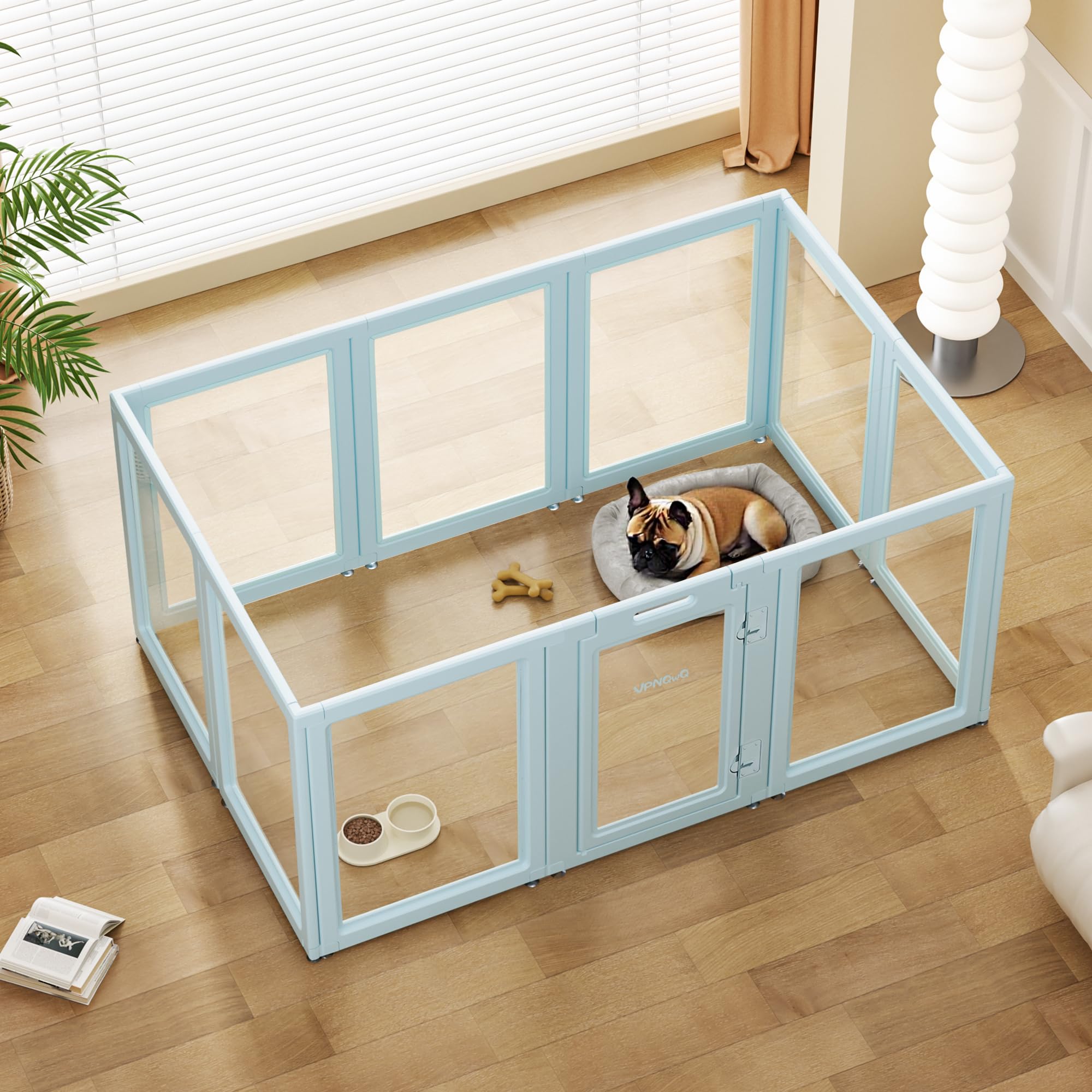 VPNQwQ clear acrylic dog playpen front view with calm containment