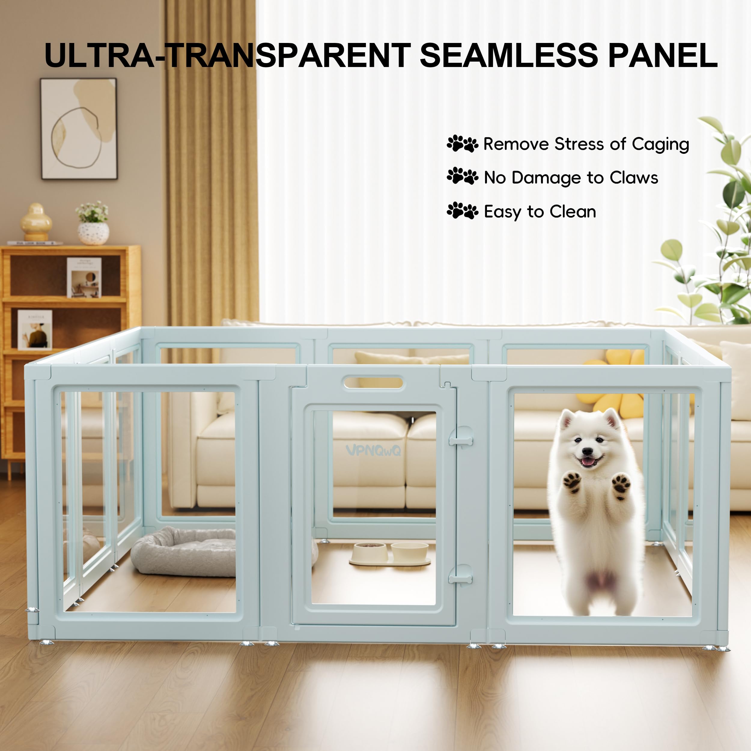 VPNQwQ transparent acrylic panel with calming blue frame for relaxed viewing of a pet.