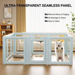 VPNQwQ transparent acrylic panel with calming blue frame for relaxed viewing of a pet.