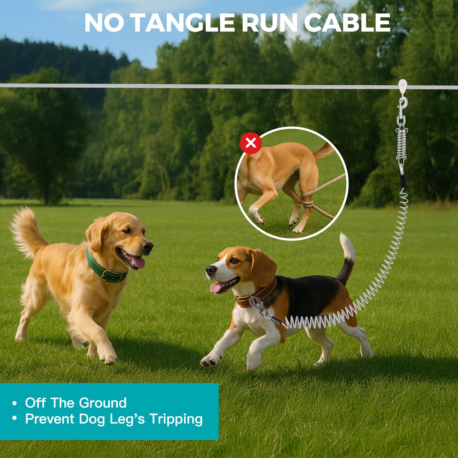 VST Dog Tie Out cable close-up showing bite-resistant stainless steel rope.