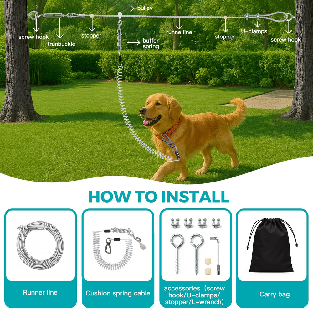 VST Dog Tie Out gear illustrating heavy-duty construction for dogs up to 250 lbs.