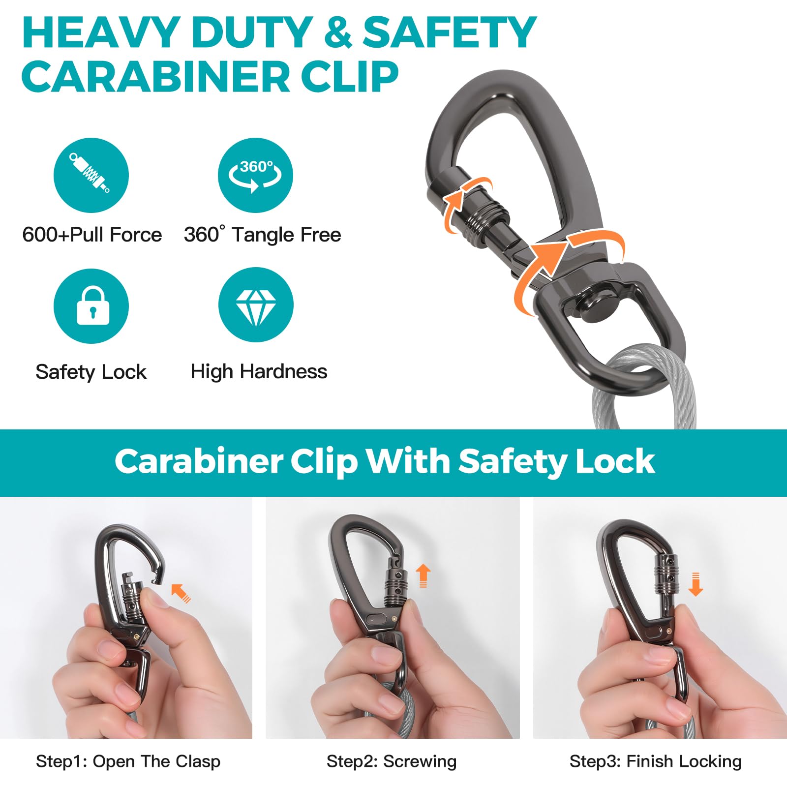VST Dog Tie Out secure screwing hooks for sturdy wall or tree mounting.